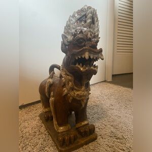 Vintage Terracotta FOO DOG Crowned Guardian Lion Statue Thailand 22"X12"x8" Rare